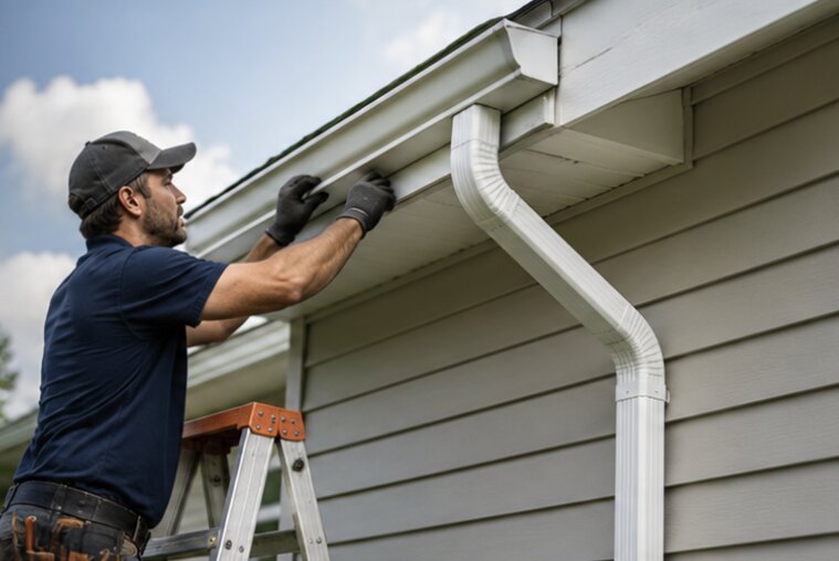 A GutterShack installer mounting a seamless aluminum gutter and downspout on a house